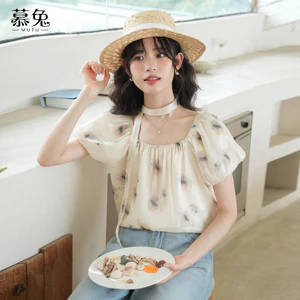 Mutu Áo sơ mi nữ phong cách Pháp mùa hè, cổ vuông, thiết kế puff tay mỏng nhẹ