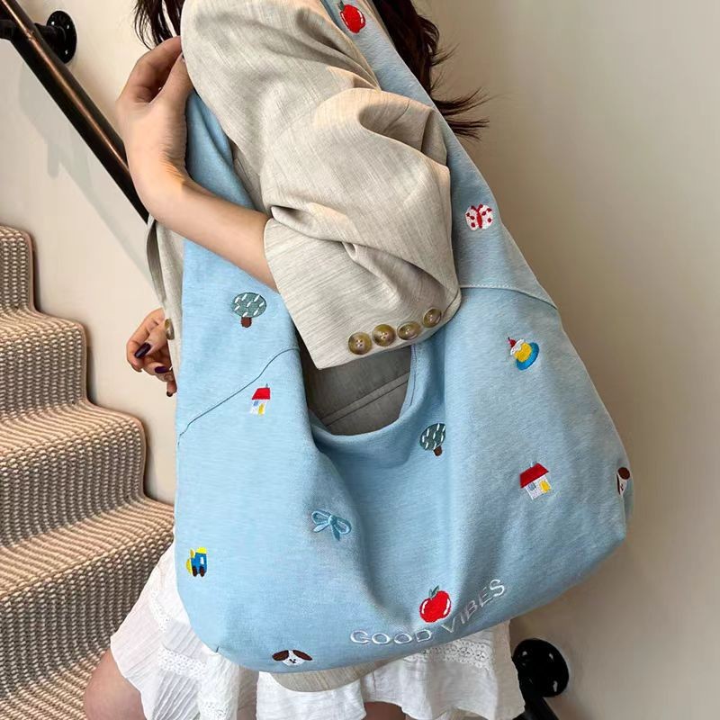 Túi Đeo Vai Vải Bố Dung Tích Lớn Thêu Họa Tiết Cute Phong Cách Hàn Quốc Đi Làm Đi Chơi