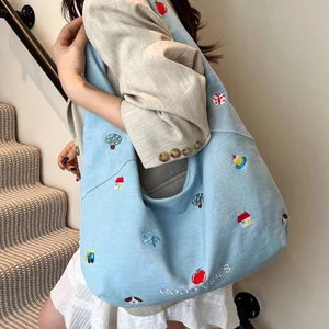 Túi Đeo Vai Vải Bố Dung Tích Lớn Thêu Họa Tiết Cute Phong Cách Hàn Quốc Đi Làm Đi Chơi