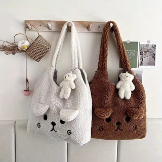 Mùa Đông 2025 Mềm Mại Sang Trọng Túi Tote Nữ Hoạt Hình Thêu Giả Lông Cừu Túi Đeo Vai Nữ Mua Sắm Túi