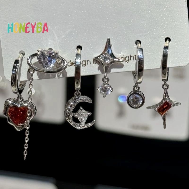 < Honeyba > 6 CÁI BỘ Goth Punk Vintage Thẩm Mỹ Pha Lê Trái Tim Mặt Trăng Chữ Thập Ngôi Sao Mặt Dây Chuyền Bông Tai Dành Cho Nam Nữ Grunge Y2K Phụ Kiện Trang Sức