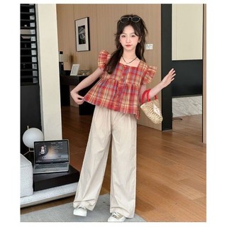 Set đồ bé gái mùa hè 2 món – áo caro tay bồng + quần ống rộng phong cách Hàn