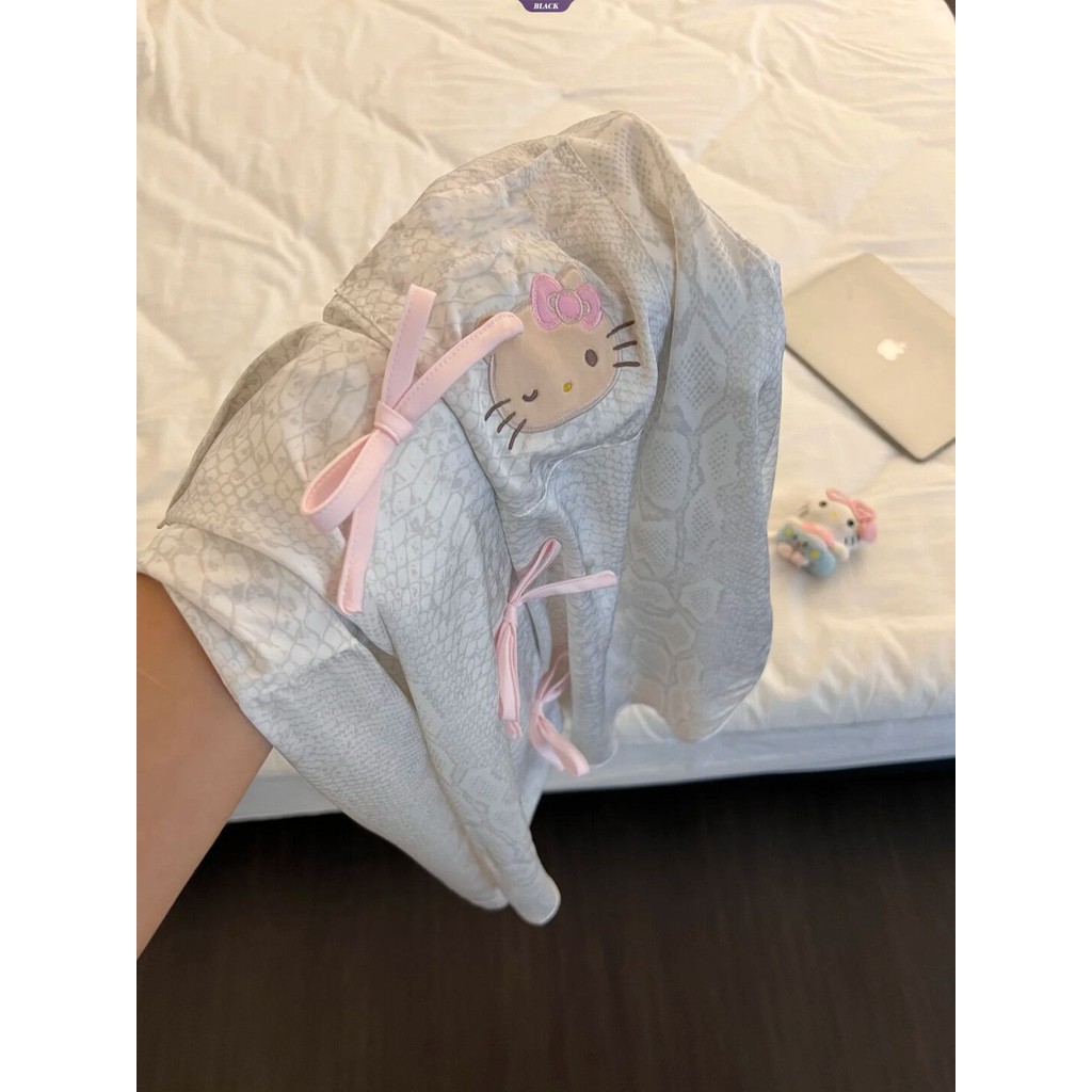 Bộ đồ ngủ mèo Leopard Bow Kitty dành cho nữ, quần dài tay, phù hợp xuân thu