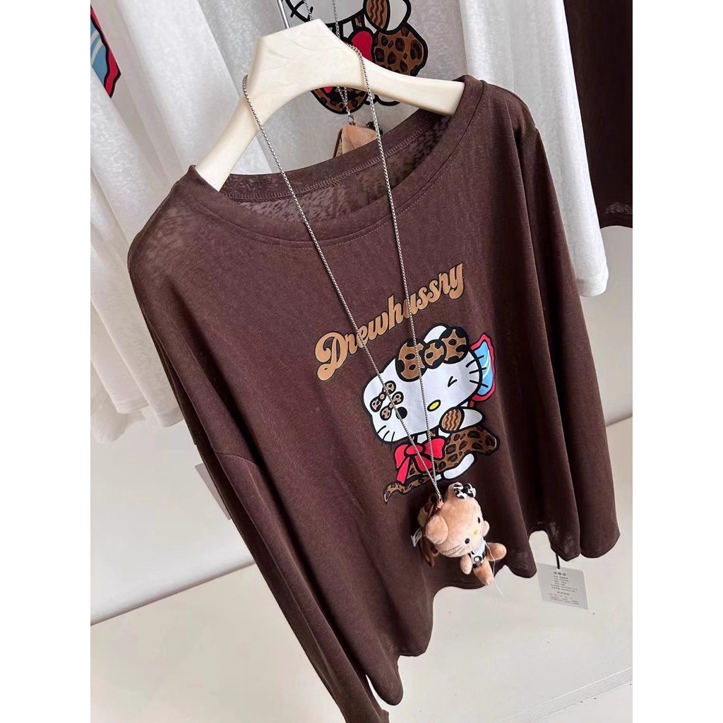 Milyfashion Loose Size Lớn Kem Chống Nắng kitty In Hình Cổ Tròn Tay Dài T Mùa Hè Mỏng Bên Ngoài Top Quần Áo Nữ