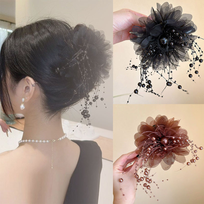Kẹp tóc hoa lông vũ tua rua cho tóc dày cá mập kẹp