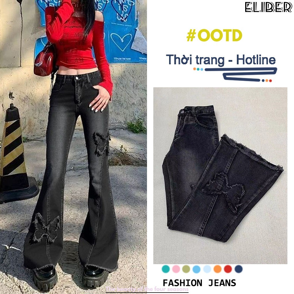 ELIBER- Quần Jeans Ống Loe Nhẹ Eo Cao Thêu Bướm Thiết Kế Dáng Rủ Dễ ...