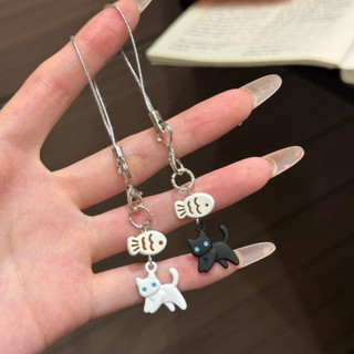 1 Dây đeo điện thoại hình mèo dễ thương & Túi quyến rũ - Mèo con đáng yêu có mặt dây chuyền cá, Quà tặng phụ kiện di động động động vật dễ thương