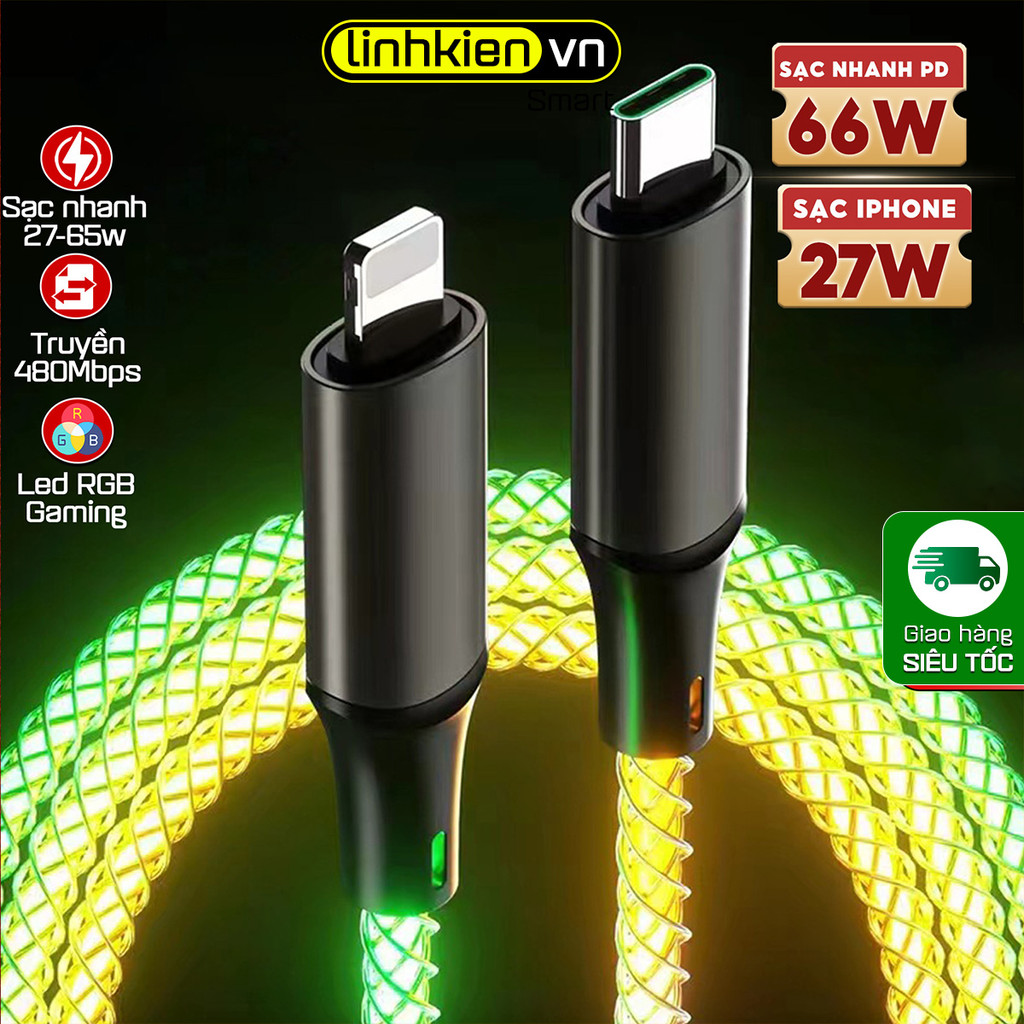 Cáp sạc nhanh có LED RGB sạc siêu nhanh 40W 66W 100W hỗ trợ cho tất cả các dòng điện thoại Samsung Xiaomi Táo