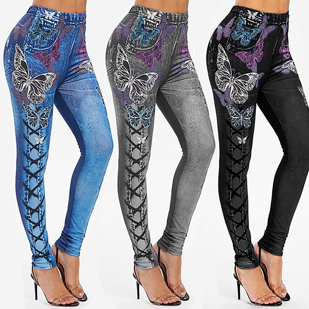 Codstore _ livecity Nữ cạp cao in hình bướm Quần thể thao chạy bộ co giãn