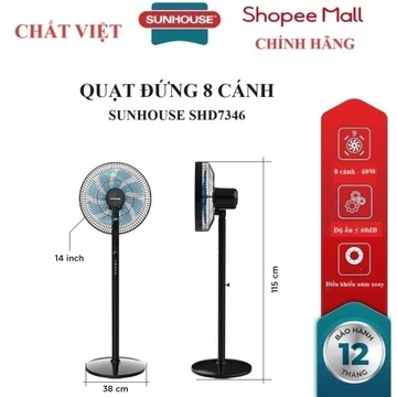 QUẠT ĐỨNG 8 CÁNH SUNHOUSE SHD7346, Công suất60W, Điều khiển cảm ứng, Tích hợp điều khiển từ xa, 3 chế độ gió,