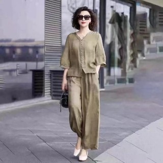 Bộ đồ cotton và vải lanh cho nữ bộ đồ hai món quần ống rộng cổ áo phong cách Hàn Quốc giản dị mùa hè mới 2024