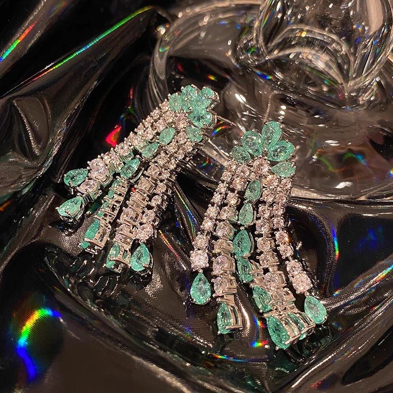 Nhiều Màu Sắc Zircon Tinh Tế Bông Tai Thời Trang Bạc s925 Kim Tua Dài Sang Trọng Bông Tai Thanh Lịch