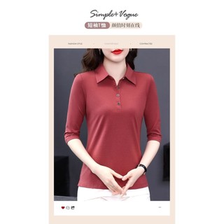 Cotton Nguyên Chất Cổ POLO Dài Tay Chính Hãng Vai Áo Thun Nữ Xuân Thu Phong Cách Mới Trung Niên Mẹ Mặc Tất Cả @
