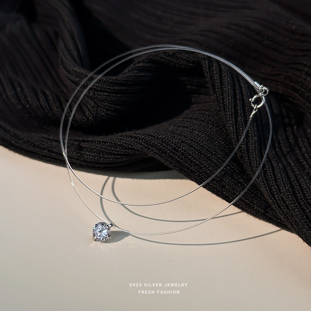 Bản đầy đủ: Vòng cổ dây trong suốt đính đá Zircon tròn, trang sức cổ nữ đồng mạ điện phong cách tối giản làm quà tặng