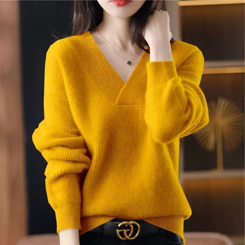 Mặc Bên Ngoài Thu Đông Màu Trơn Cổ Chữ V Áo Len Nữ Rời Ôm Hơn Nhìn Dệt Kim Chui Đầu