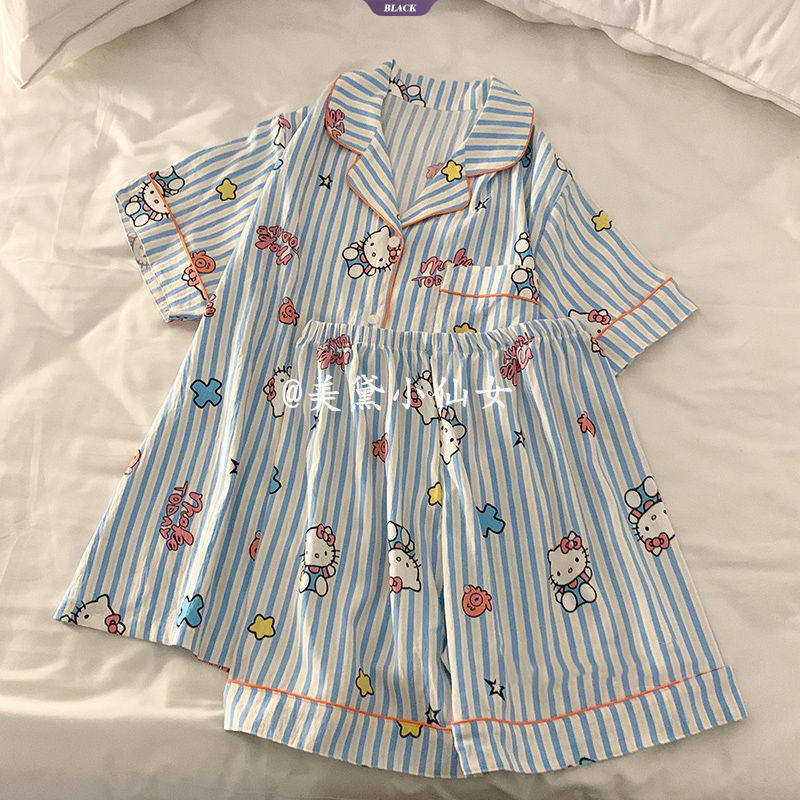 Ins Bộ Đồ Ngủ HelloKitty Dễ Thương Nữ Mùa Hè Sọc Ngắn Tay Quần Short Nhật Bản Mỹ Bé Gái Homewear Suit [BL]