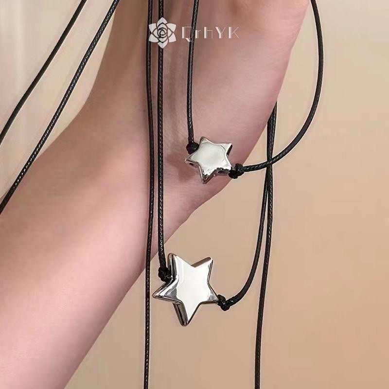Qrhyk Thời Trang Nữ Vintage Da Vòng Cổ Choker Hai Lớp Ngôi Sao Mặt Dây Chuyền Trang Sức Có Thể Điều Chỉnh Dây Xích Mới