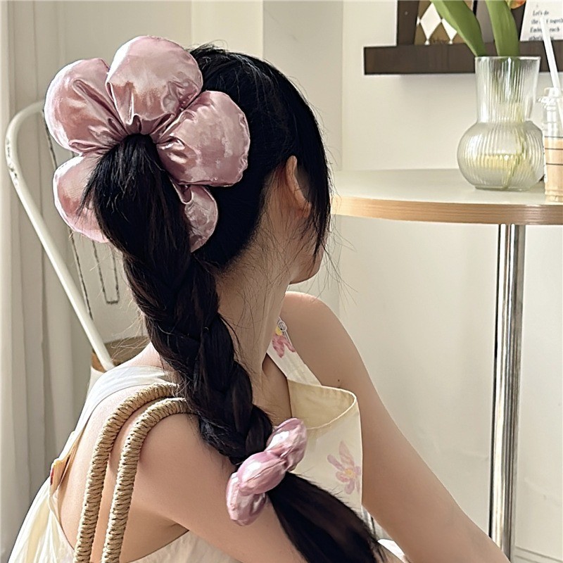Mới Oversize Phong Cách Hàn Quốc Hình Hoa Xốp Đen Bạc Lớn Satin Tóc Scrunchies Vải Hợp Thời Trang