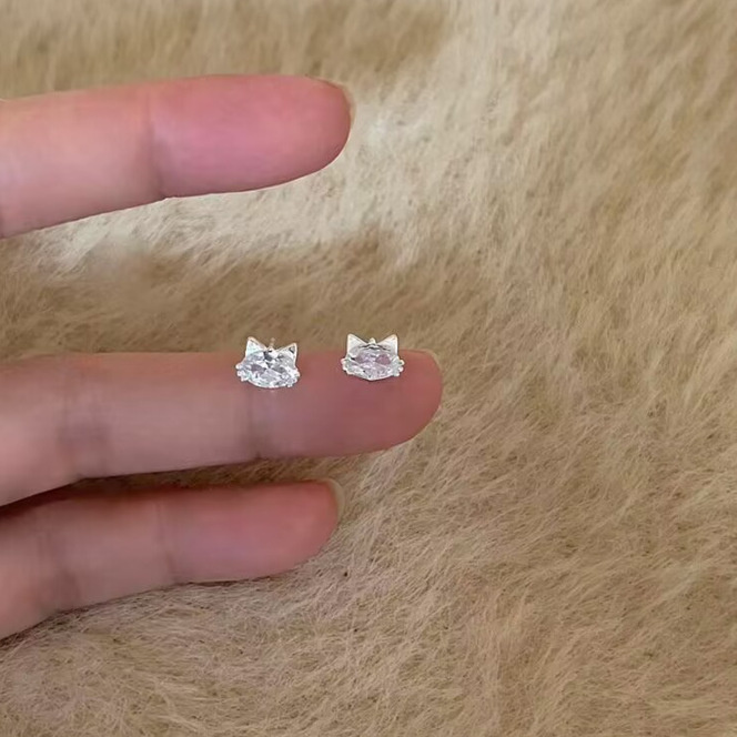 Bông tai mèo bạc S925 thời trang Zircon đơn giản Ngọt ngào nhỏ phù hợp