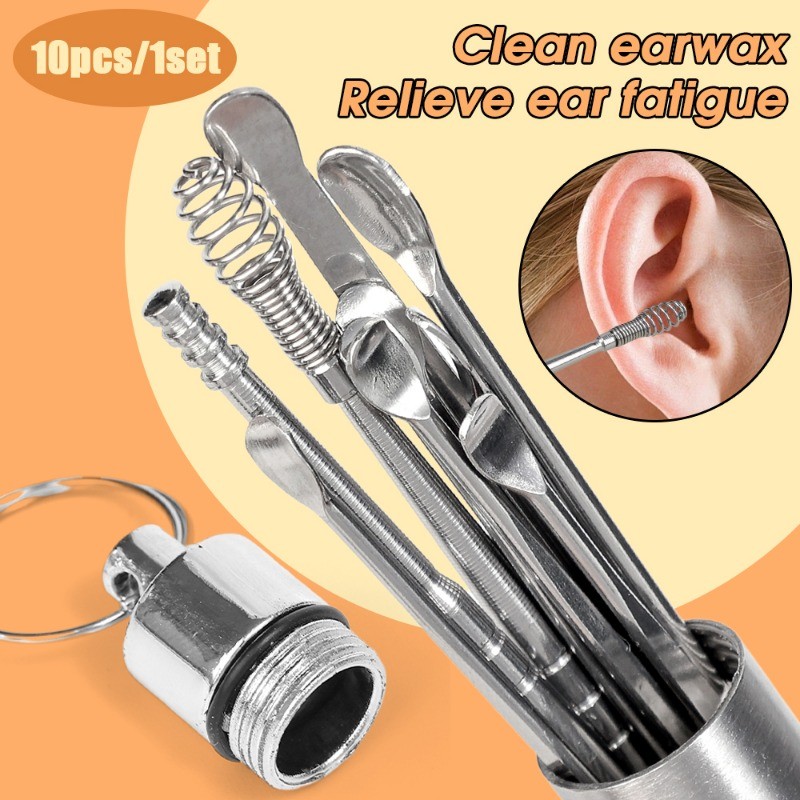 [Nổi bật] 10 Muỗng đào tai bằng thép không gỉ - Dụng cụ làm sạch tai xoắn ốc - Dụng cụ đào tai 360 độ - Di động, tái sử dụng - Dụng cụ làm sạch tai - Phụ kiện làm đẹp