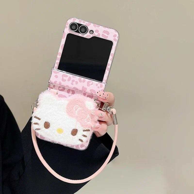 Thích Hợp Cho Samsung Galaxy ZFlip6 3D Hoạt Hình Dễ Thương Sanrio Kitty Da Báo Lông Tơ Sang Trọng Ốp Lưng Điện Thoại Cho ZFlip 5 6 4 3 5G Có Dây Bảo Vệ Vỏ Chống Sốc