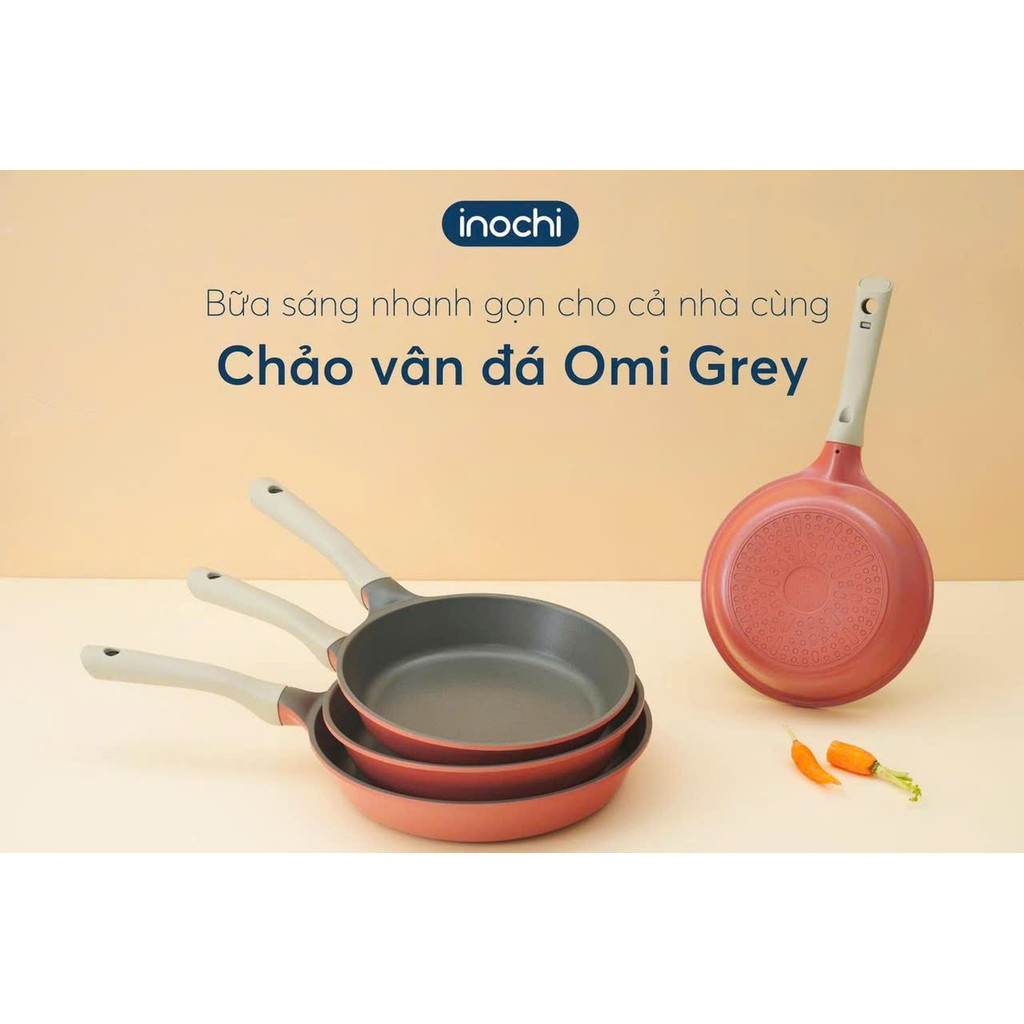 Chảo vân đá OMI GREY INOCHI phủ lớp chống dính PTE Megastone cao cấp, dùng cho mọi loại bếp