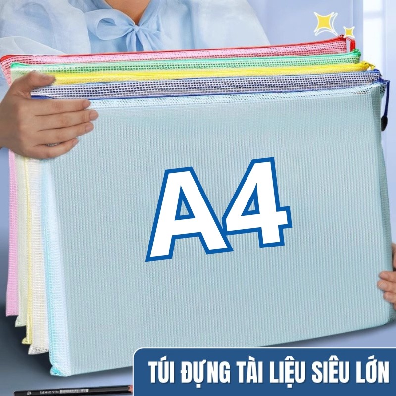 Túi Đựng Tài Liệu Trong Suốt A4 - Túi Lưới Nhiều Màu Đa Năng, Khóa Kéo Tiện Dụng, Giúp Sắp Xếp Hồ Sơ Ngăn Nắp