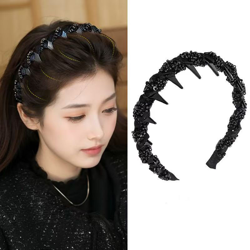 Băng đô đầu lâu với họa tiết kim cương giả, thiết kế gợn sóng chống trượt, phù hợp làm đẹp cho tóc.