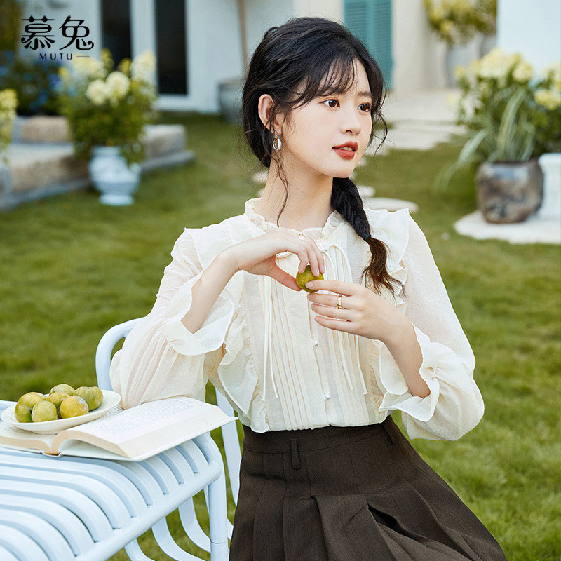 Mutu Áo Sơ Mi Voan Xù Mùa Xuân, Phong Cách Trung Hoa, Nút Cổ Thanh Lịch
