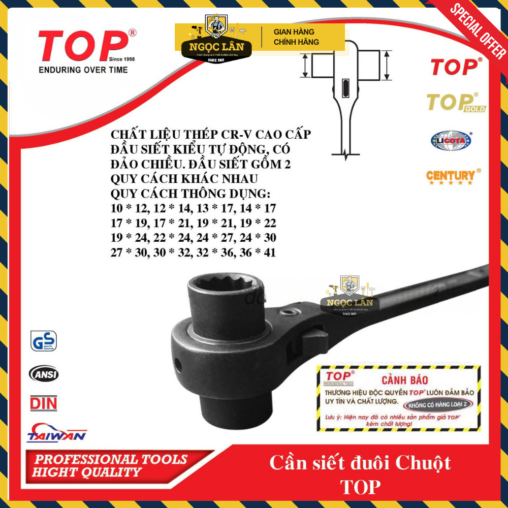 [Chính hãng TOP] Cờ lê đuôi chuột, cần siết 2 đầu TOP thép CR-V đen 10-32mm có đảo chiều cao cấp
