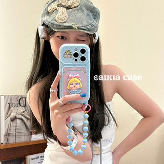 Hàn Quốc Dễ Thương 3D Cryling Girl Màu Xanh Tình Yêu Trái Tim Khe Cắm Thẻ Túi Wrsit Dây Xích Điện Thoại Dành Cho iPhone 16Promax 15Promax 14 Pro Max 13 Silicon Mềm Chống Sốc Vỏ Di Động