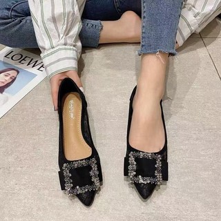 Mũi Nhọn Giày Cao Gót Đế Bằng Nữ Slip-On Nông Miệng Ren Vuông Khóa Kim Cương Giả