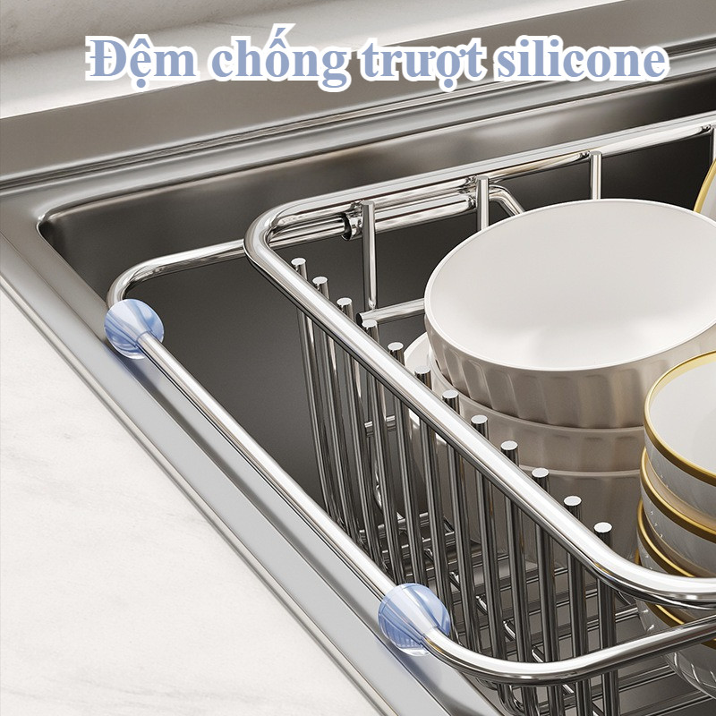 Rổ Gác Bồn Rửa Bát Đa Năng, Retractable, đệm silicone chống trượt, thoát nước nhanh
