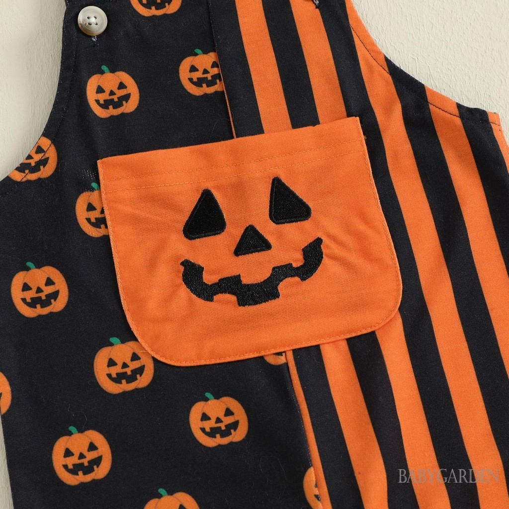 Bộ áo liền quần tổng thể cho bé Halloween Áo liền quần không tay cổ vuông in hình bí ngô cho mùa thu