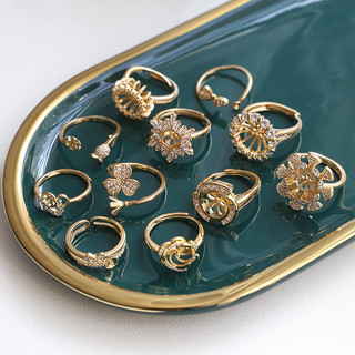 Nhẫn vàng phủ pháp phong cách retro kẻ sọc với đá zircon và ngọc trai - DIY handmade