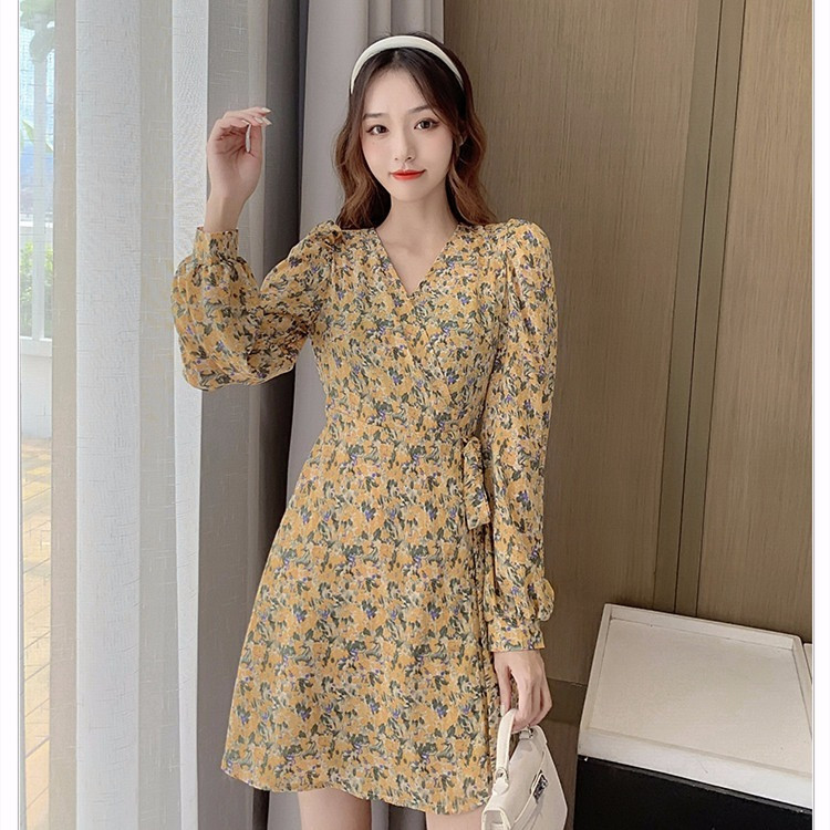 Váy liền dài tay hoa nhí váy liền phong cách biển mẫu mới mùa hè cho nữ