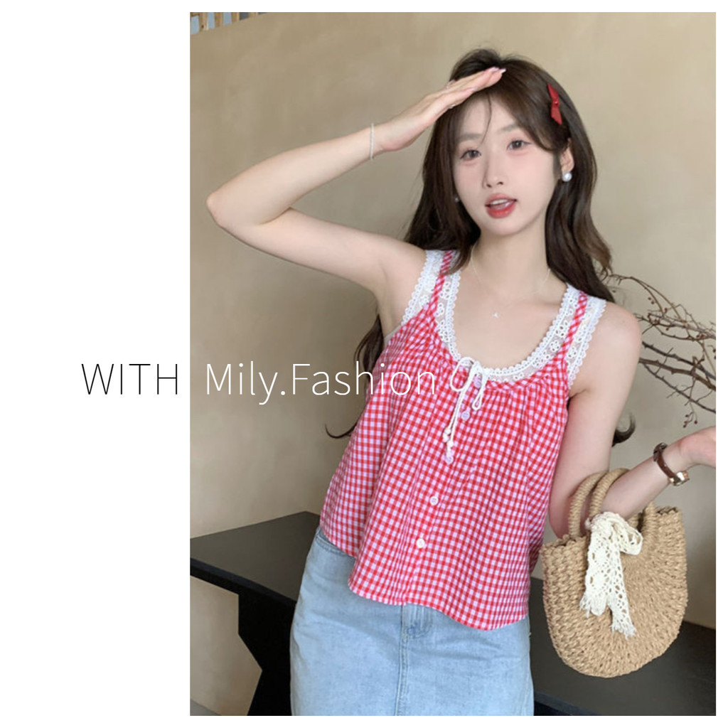 Milyfashion Nhỏ Tất Cả Trận Đấu Sang Trọng Ren Khâu Phối Ren Kẻ Sọc Không Tay Áo Nữ Mùa Hè Phong Cách Mới Rời Top