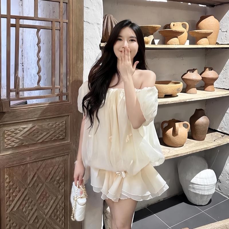Áo Trễ Vai Tơ Xốp Bèo 2 Tầng Tay Phồng Bí Ngô