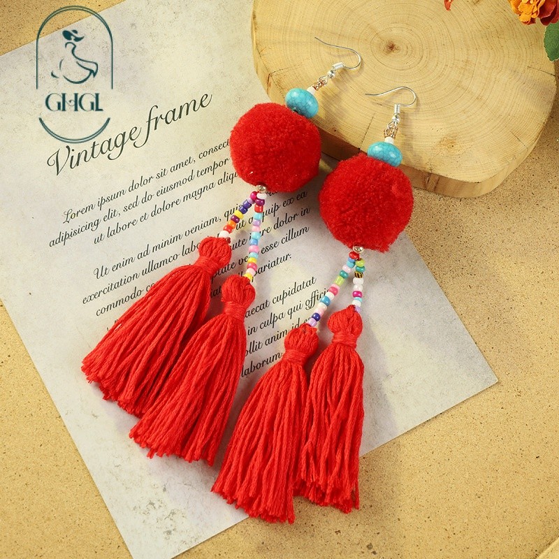 [Ghgl] Hàng có sẵn hs Bohemian Retro Pompom Pompom Tua Rua Bông Tai Nữ Kỳ Nghỉ Phong Cách Dân Tộc Phong Cách Dài Niche Tính Khí Bông Tai Độc Đáo Độc Đáo