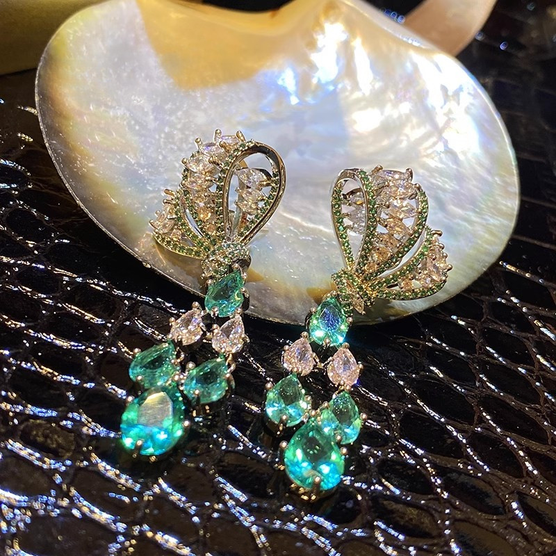 Bông tai thả nước nơ kim cương xanh Tính khí Thanh lịch sang trọng Bạc kim Zircon Bông tai