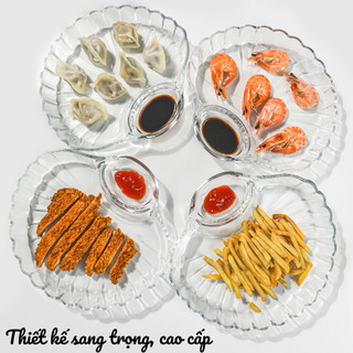 Đĩa thủy tinh hình vỏ sò dày dặn đựng thức ăn kèm ngăn nước chấm tiện lợi cao cấp
