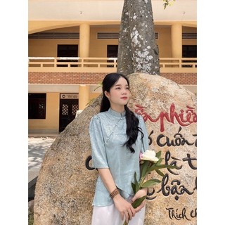 Thời trang nữ truyền thống cổ tàu vải gấm (không quần), áo lam đi chùa