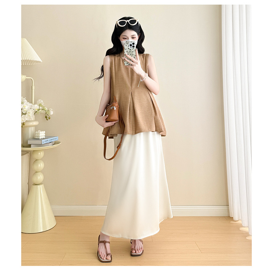 Bộ đồ bà bầu Áo Vest thêu thời trang mùa hè + Váy đuôi cá nâng bụng Bộ đồ hai mảnh