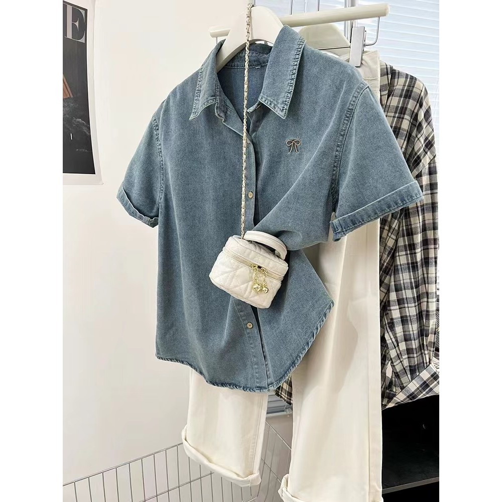 SUXI Áo sơ mi Denim ngắn tay thêu màu xanh đơn giản cho nữ mùa hè mới 250708