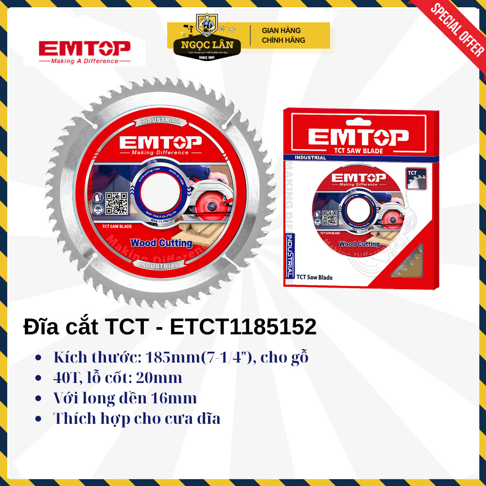 [Chính hãng] Lưỡi cắt gỗ hợp kim TCT EMTOP nhiều kích thước 185mm, 235mm, 254mm cao cấp
