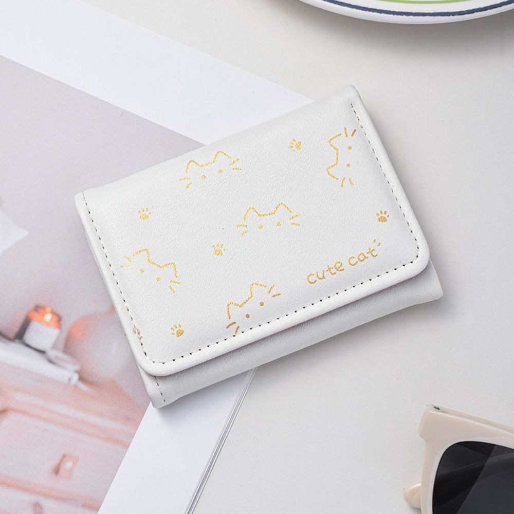 [DEMO3] Ví in hình mèo con, 3 lần Ví nhỏ ngắn dễ thương cho chó con dễ thương, Ví đựng tiền xu phong cách PU cổ điển dành cho bé gái Quà tặng học sinh