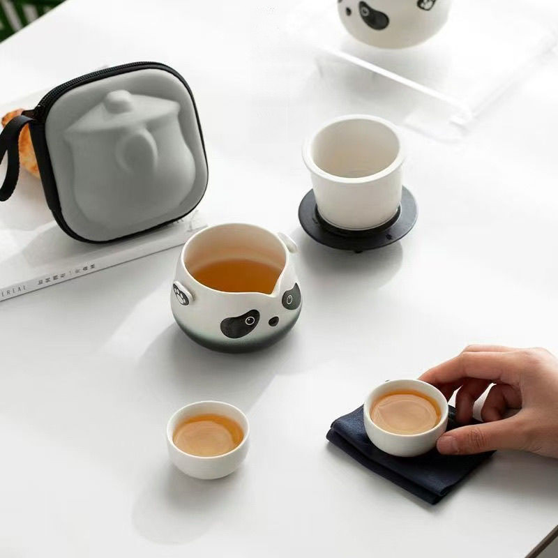 ✨Bộ trà gốm Panda Bộ trà du lịch di động ngoài trời Một nồi Hai cốc có túi Văn phòng / Hộ gia đình Giải trí Bộ trà Kung Fu