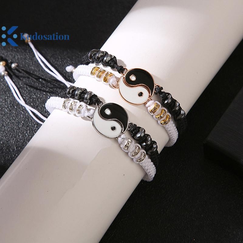 Kudosation 2 Chiếc Thái Cực Dương Cặp Đôi Mặt Dây Chuyền & Vòng Tay Bím Dây Xích Điều Chỉnh, Phù Hợp Người Yêu, Choker
