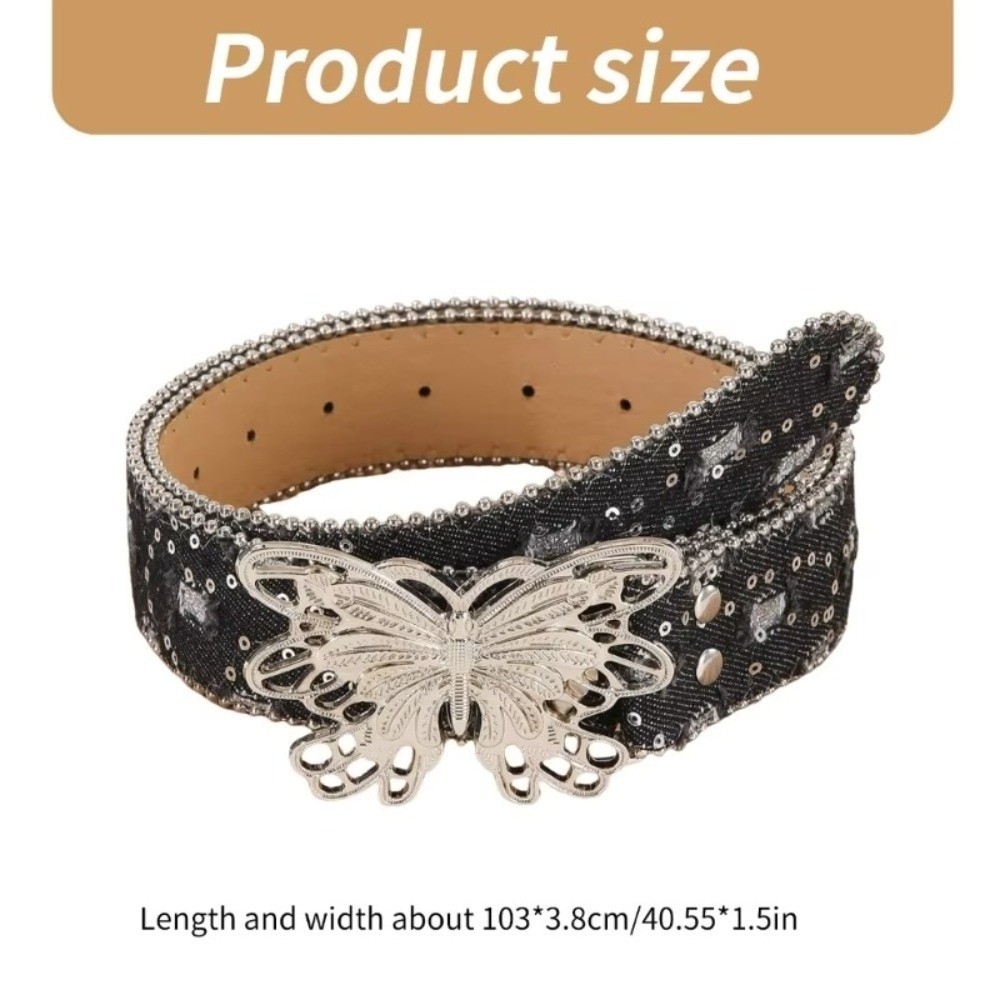 Thắt lưng thời trang cổ điển TCYILLOIAN, Thắt lưng Punk hình bướm đính sequin, Thắt lưng viền rộng Denim hợp thời trang Y2K chắp vá