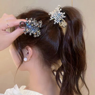 Hợp kim ngọc trai vương miện đuôi ngựa kẹp tóc phong cách Hàn Quốc với kim cương giả - Quà tặng sinh nhật và Tết tuyệt vời